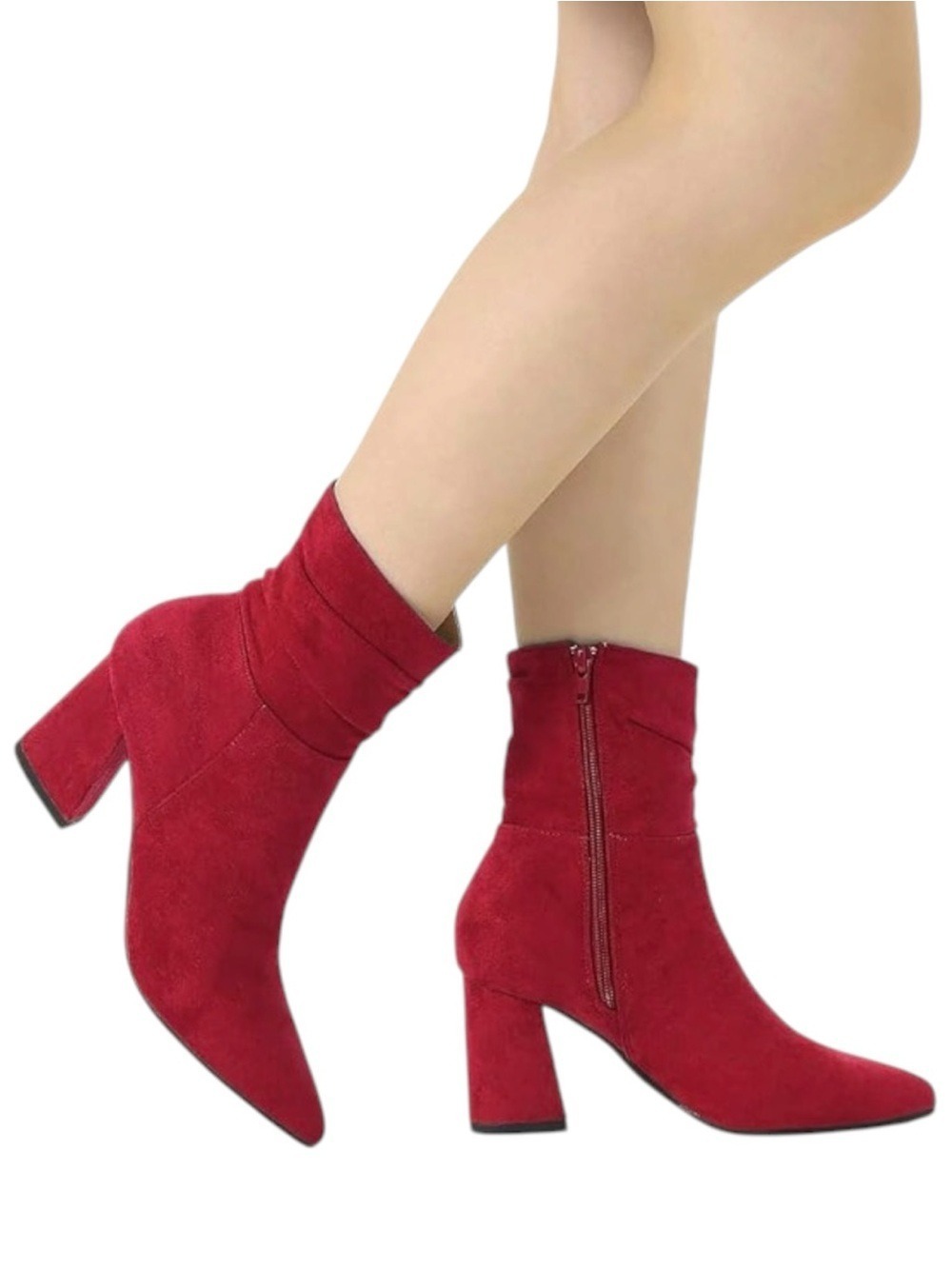 Allegra K Red Suede Pointed Toe Chunky Heel Ankle Boots Size 9.5